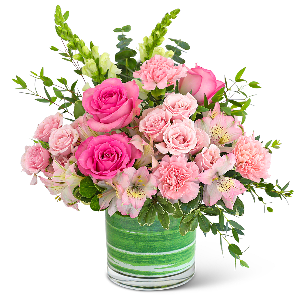 Pink roses and carnations in a green striped vase