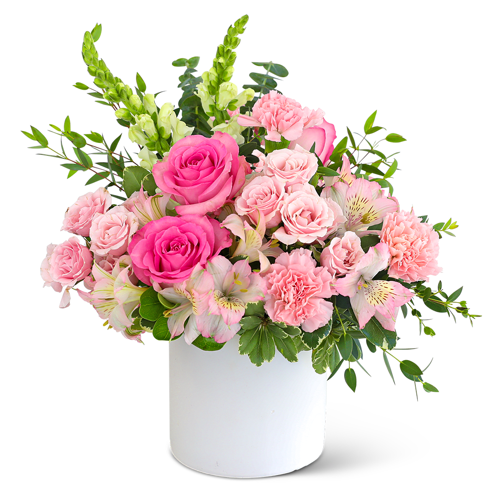 Pink Rose Garden - Pink Rose Garden is a contemporary flower arrangement that combines roses, alstroemeria, Snapdragons, and carnations surrounded by a variety of foliage. This soft pink design is the perfect gift for an anniversary, birthday, or just because! We offer local flower delivery and many consider us the best local florist. Whether you order online or give us a call if you want to speak to one of our floral experts, we’re ready to listen to your story, craft a beautiful bouquet, and expertly deliver it to your loved one.