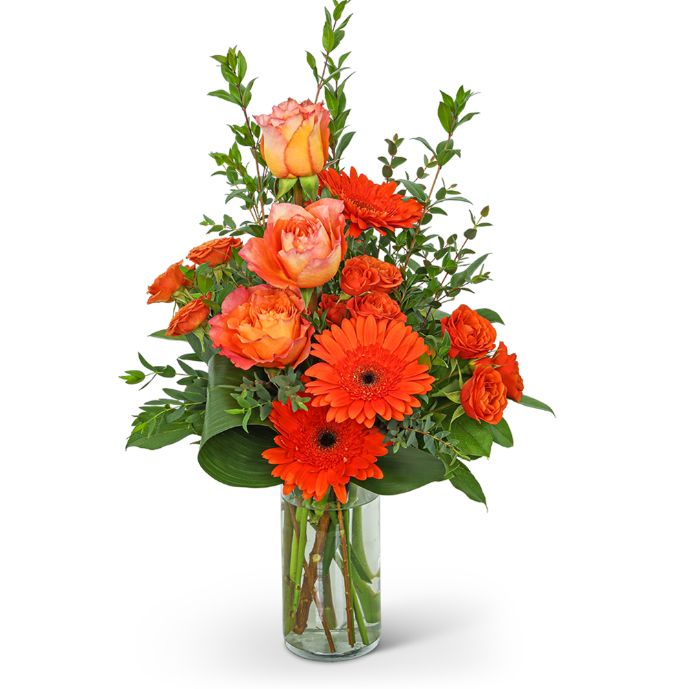 Orange roses and gerbera daisies in a clear glass vase
