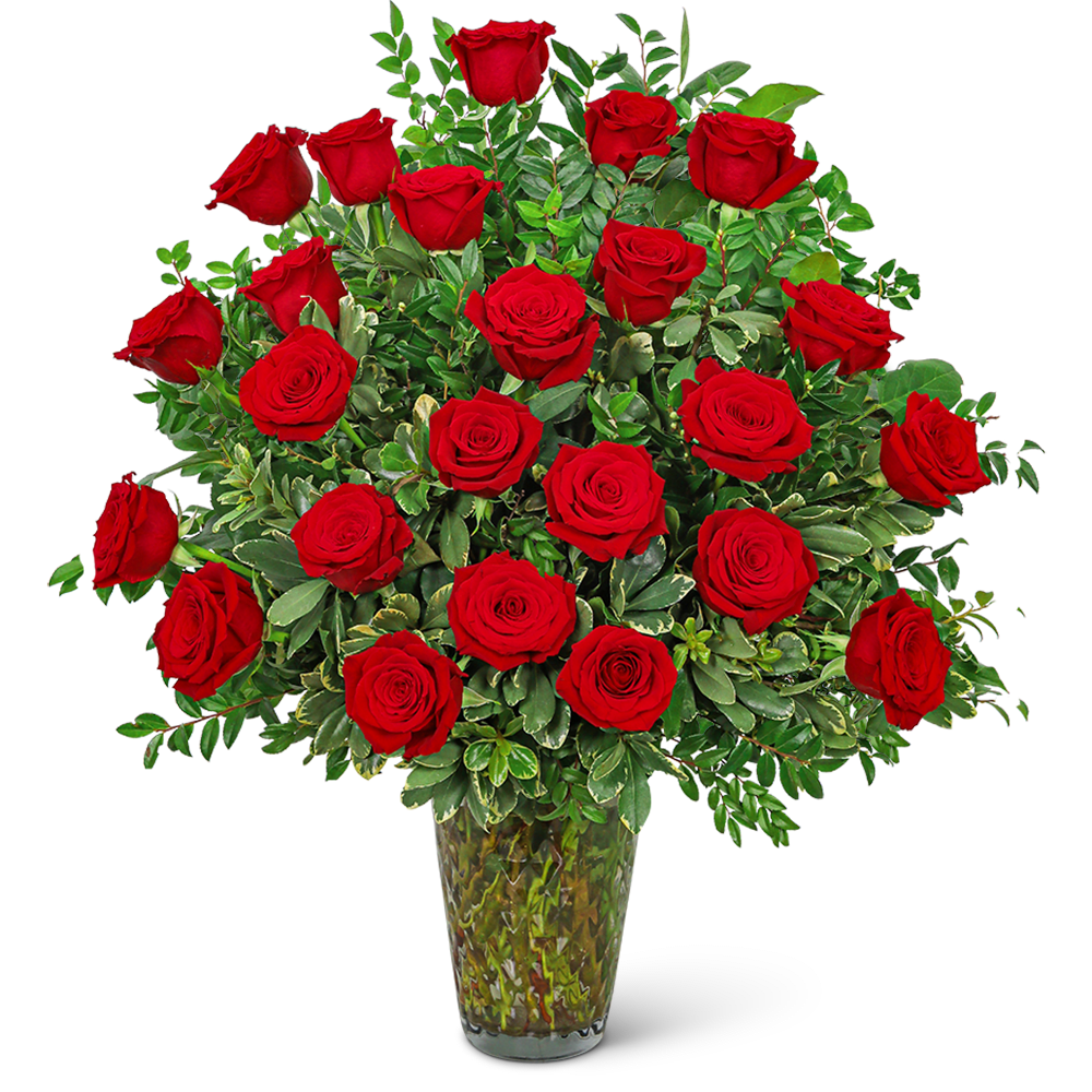 Red roses arranged in a clear glass vase