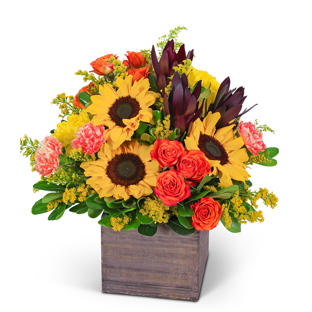 Sunflowers, orange roses, and carnations in a wooden box