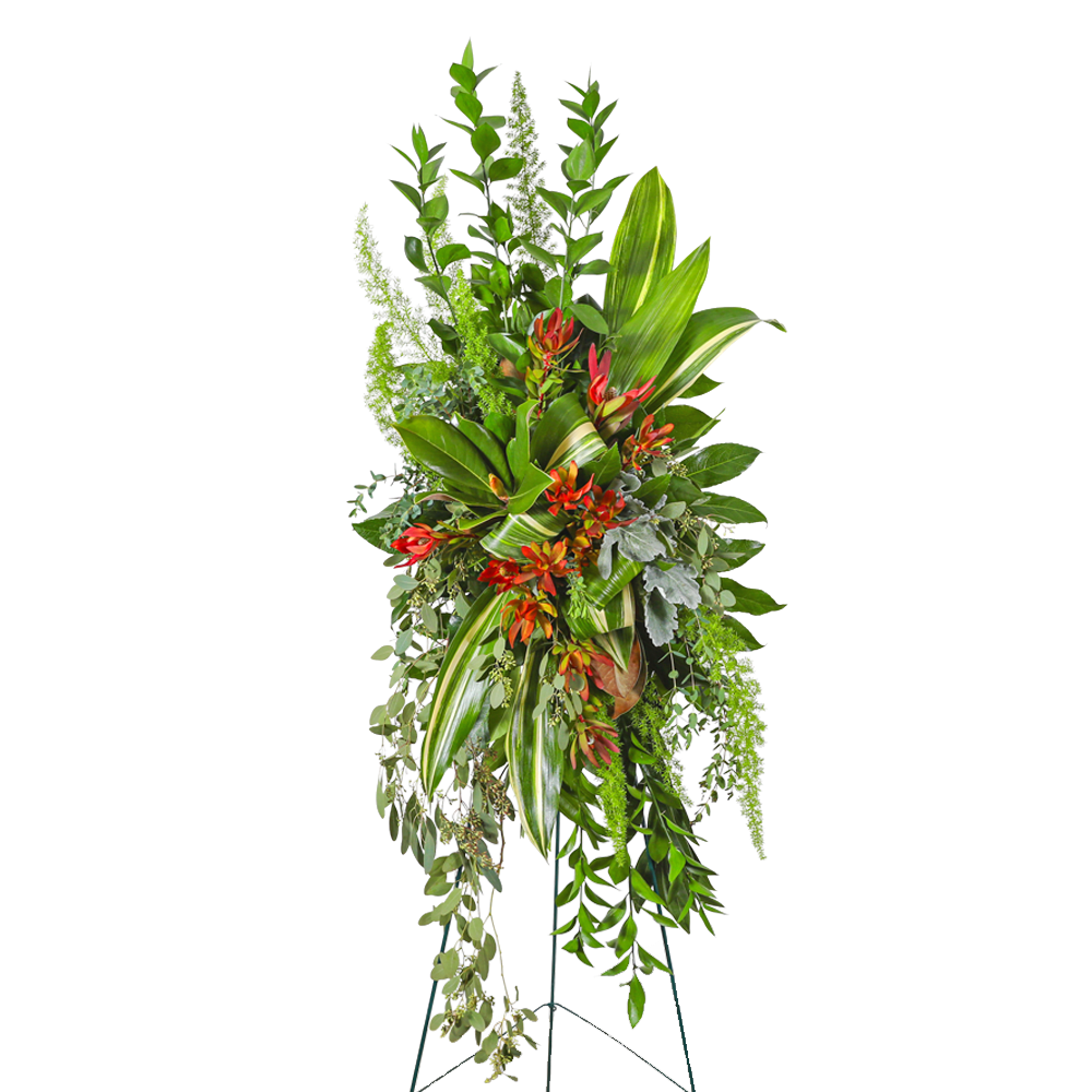Tall tropical standing spray with red-orange blooms and lush green foliage