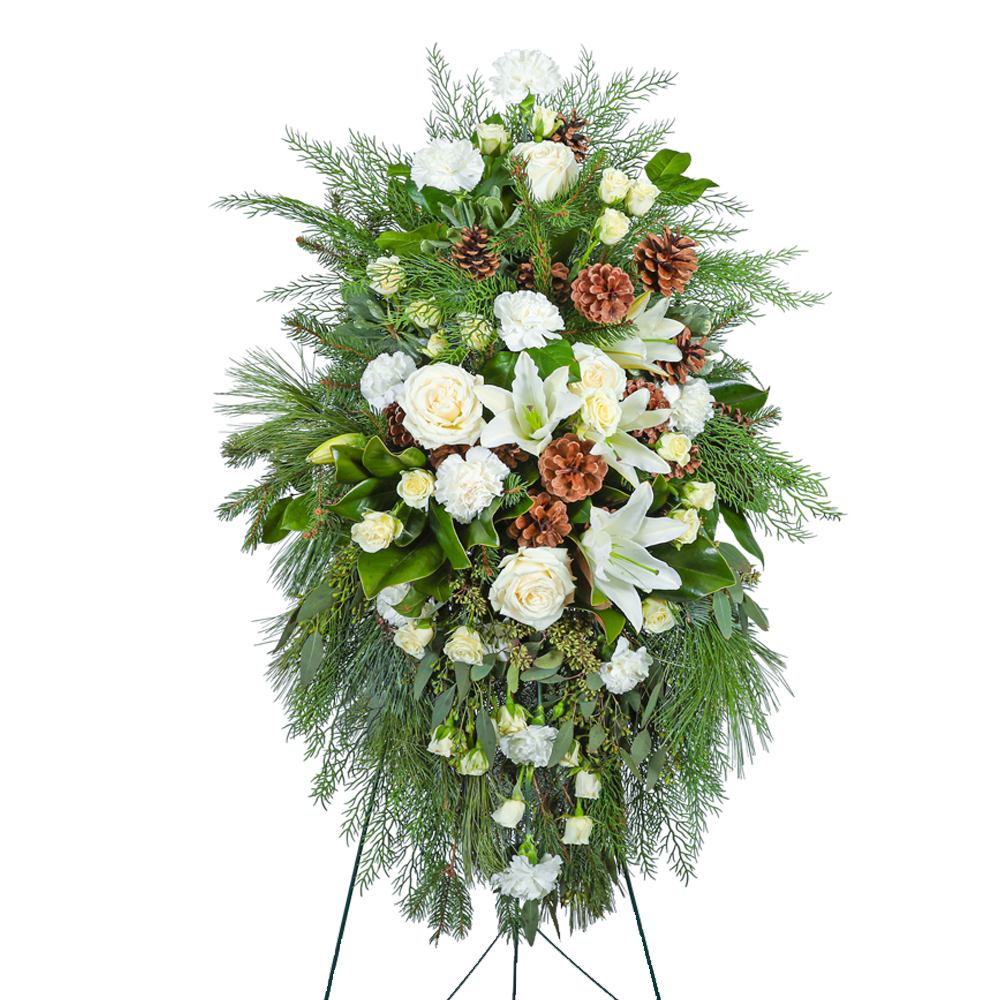 Unforgettable Standing Spray - Our Unforgettable Standing Spray is a beautiful arrangement featuring roses, carnations, lilies, evergreen, and premium foliage with pinecone accents. The combination of white blooms and lush evergreen foliage creates a serene and elegant tribute. This heartfelt standing spray honors your loved one with a timeless and peaceful presence.