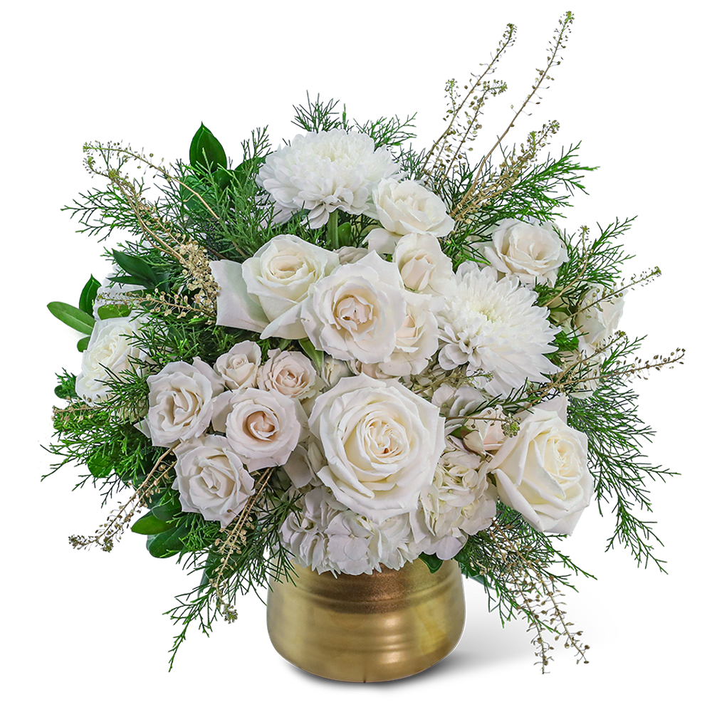 Gilded Winter Luxe - Gilded Winter Luxe is a beautiful floral design featuring a stunning combination of White Roses, Hydrangea, Cremons, and gold-accented foliage elegantly displayed in a shimmering gold cylinder vase. This opulent arrangement brings a touch of sophistication and glamour to any winter celebration or makes a memorable and elegant gift for the holiday season.