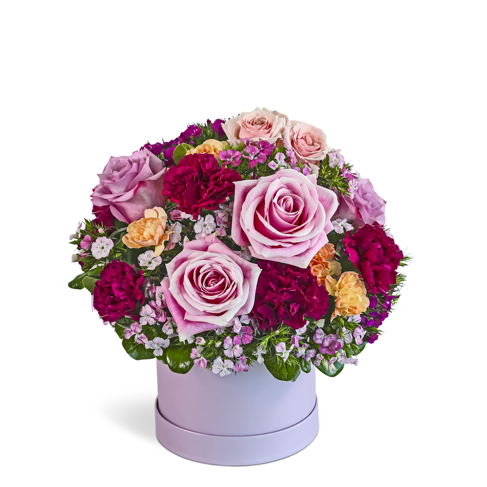 Round arrangement of pink roses, red carnations and small blooms in a light pink hatbox container