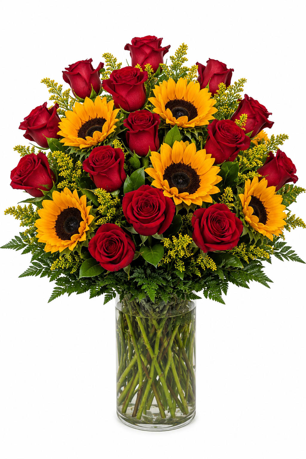 Bouquet of red roses and yellow sunflowers in a glass vase
