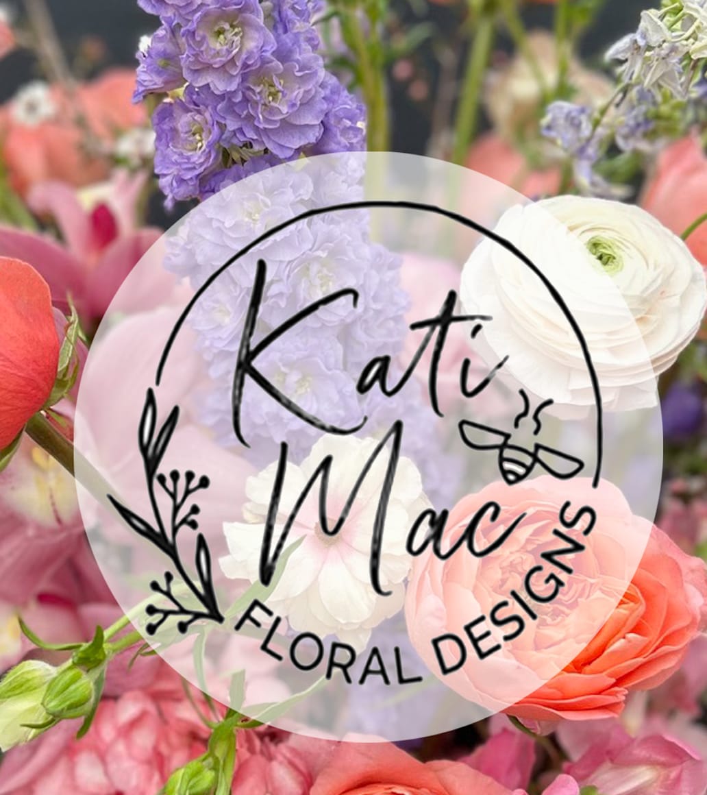Pastel pink, peach, lavender, and white flowers with a circular Kati Mac Floral Designs logo overlay.