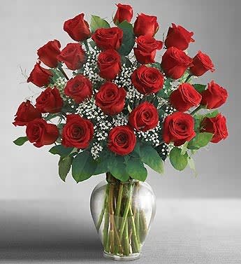 Red roses arranged in a clear glass vase with baby's breath