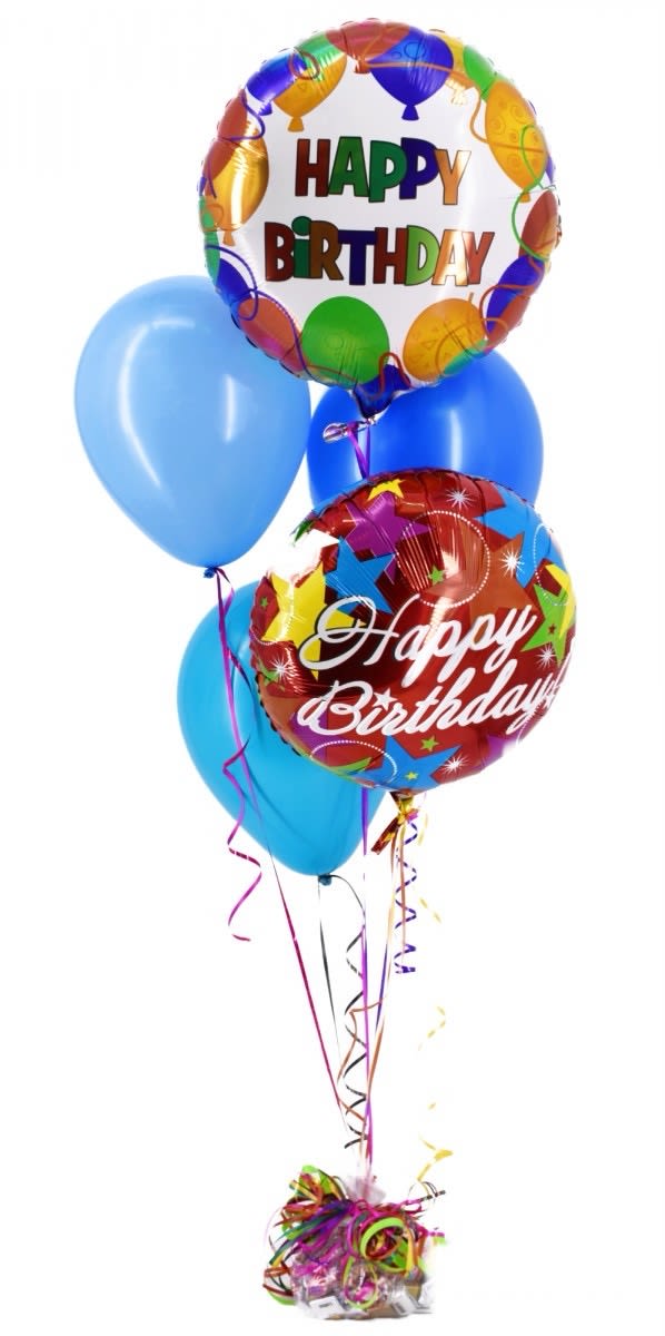 Birthday balloon bouquet with two printed foil balloons and three blue latex balloons