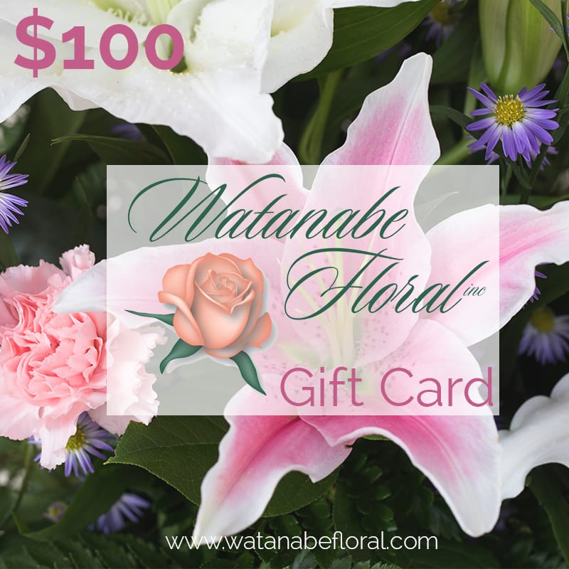 Floral gift card design over pink lilies, pink carnations, and small purple daisy-like flowers