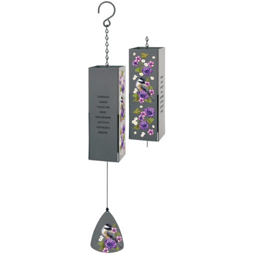 'HEARTS FOREVER' BELL CHIME (1 AVAILABLE) - A flat, rectangle chime with purple flower and yellow bird decorations. Contains text