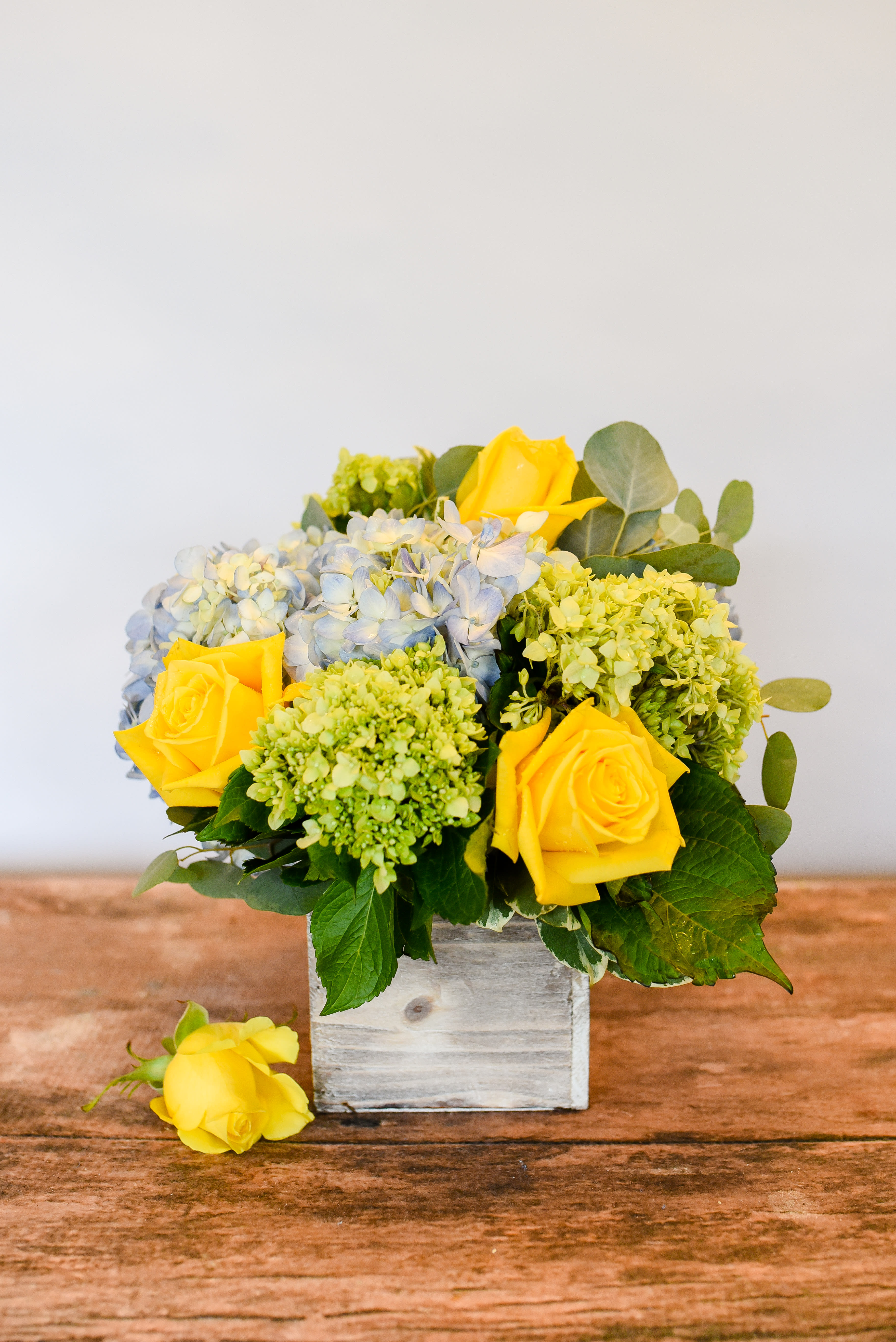 Mod - A wooden container holds beautiful, chic blooms. 