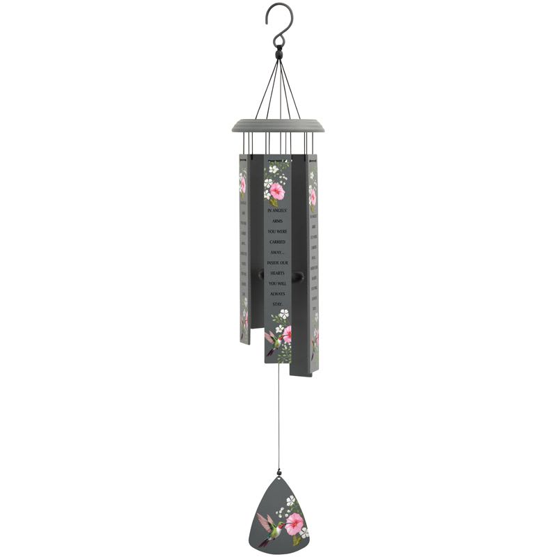 "Angels Arms" – Harmony Bar Chime - 32" Harmony Bar chimes are made of aluminum with an industrial cord and an adjustable striker .  chime reads: In angels arms you were carried away... inside our hearts you will always stay.  L: 32" W: 1.50" DIA: 5 3/8"