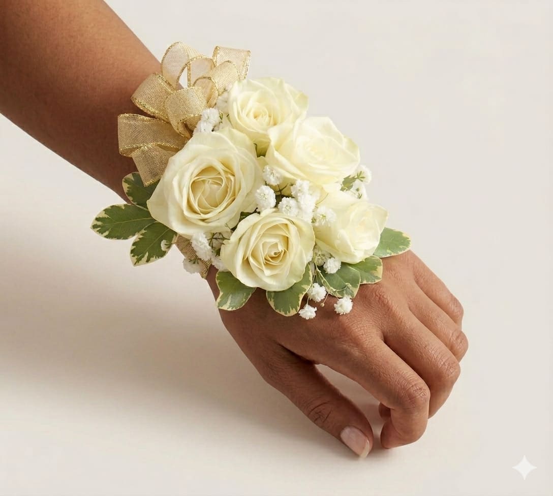 Corsage in White  - This corsage features white spray roses and a gold ribbon. Please keep in mind that you can change the ribbon color by letting us know your preference in the notes.