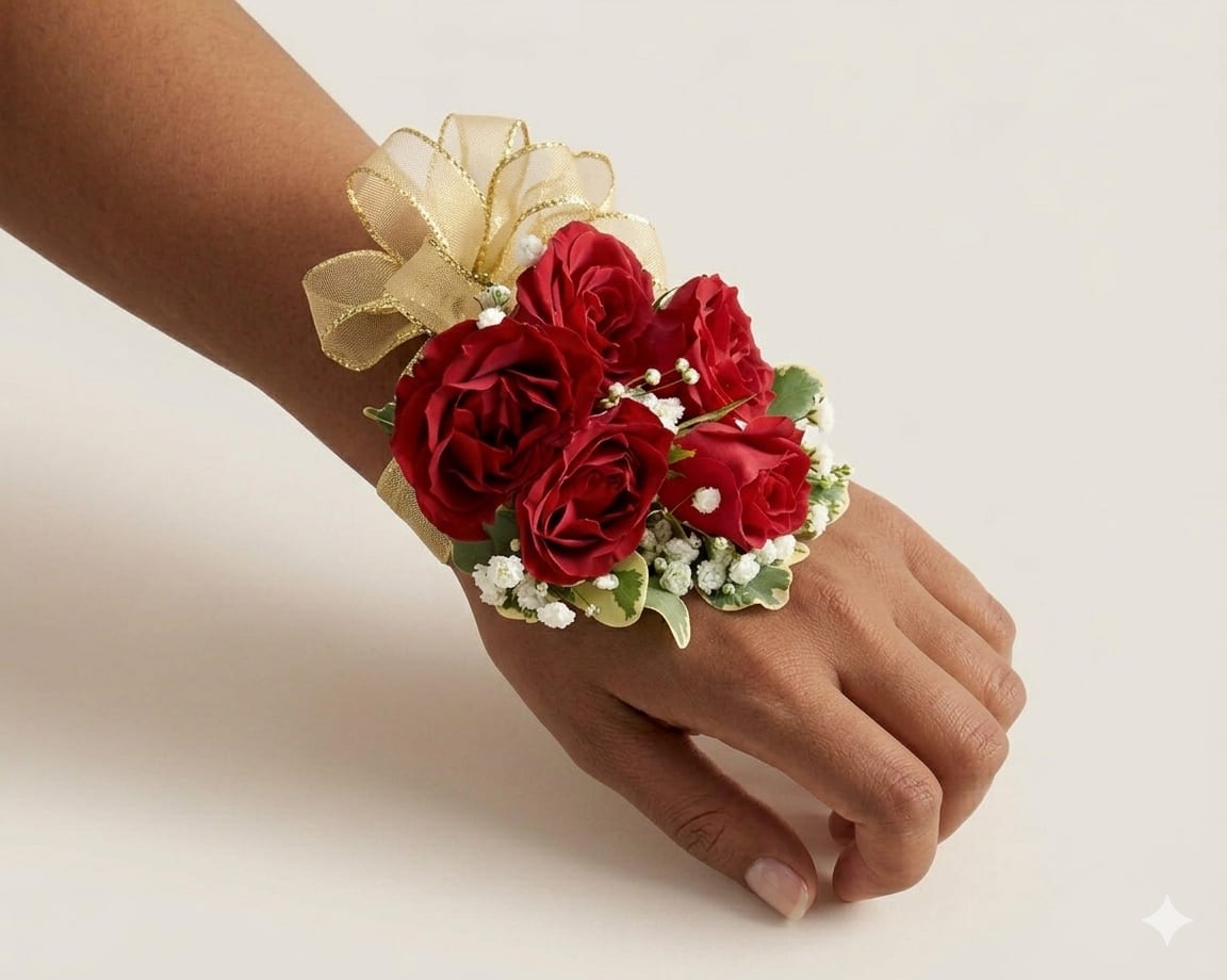Corsage in Red - This corsage features red spray roses and a gold ribbon. Please keep in mind that you can change the ribbon color by letting us know your preference in the notes.