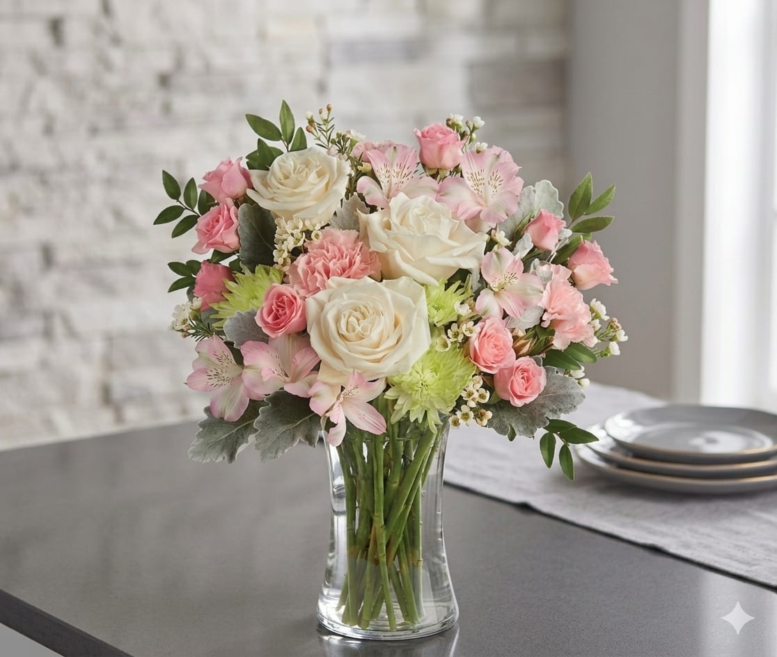 Softly Yours - Blush pink and ivory roses with pale alstroemeria, carnations and chrysanthemums in a clear glass vase-soft, garden-style arrangement perfect for birthdays, anniversaries or saying thanks.