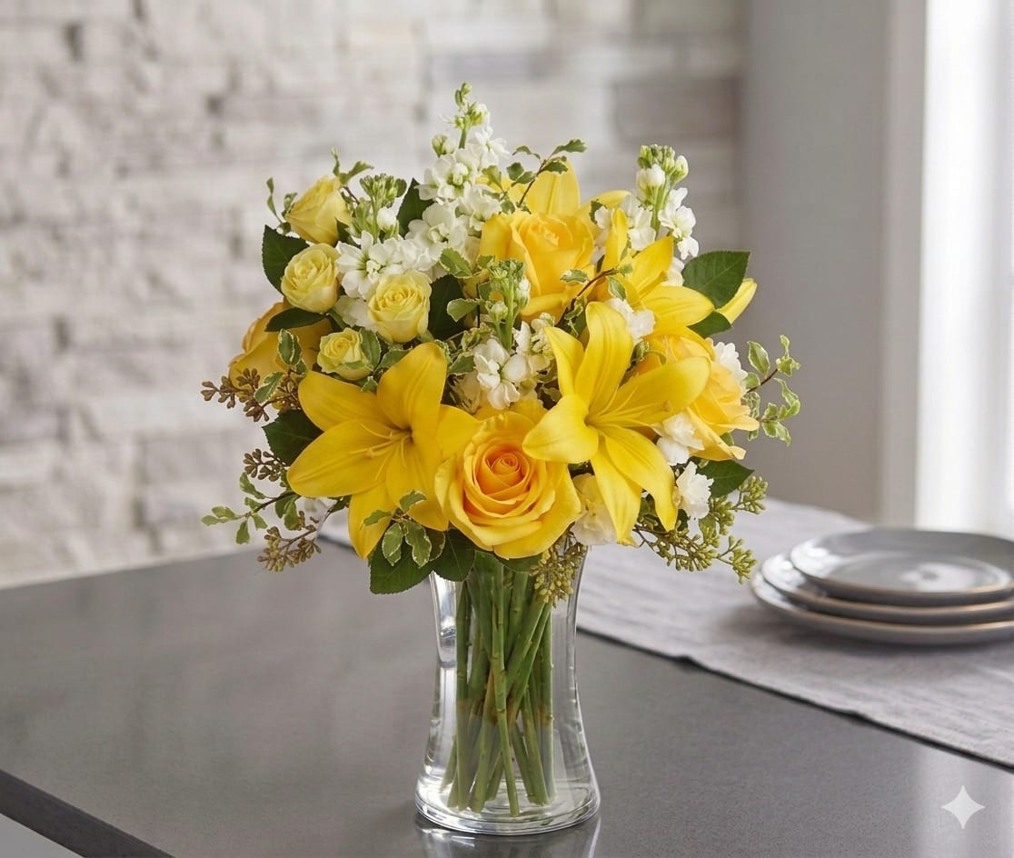 Sunlit Blooms - Bright yellow roses and lilies with white stock and greenery in a clear glass vase-cheerful, fresh arrangement perfect for birthdays, thank-yous, or a sunny spring centerpiece.