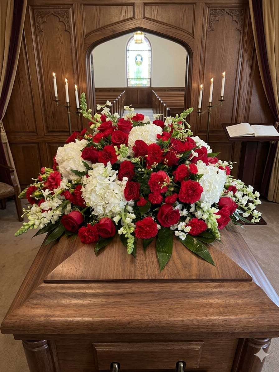 White and Red Whisper - Red and white funeral spray with roses, carnations, hydrangeas and snapdragons, lush greenery for a solemn, polished tribute in traditional memorial settings.