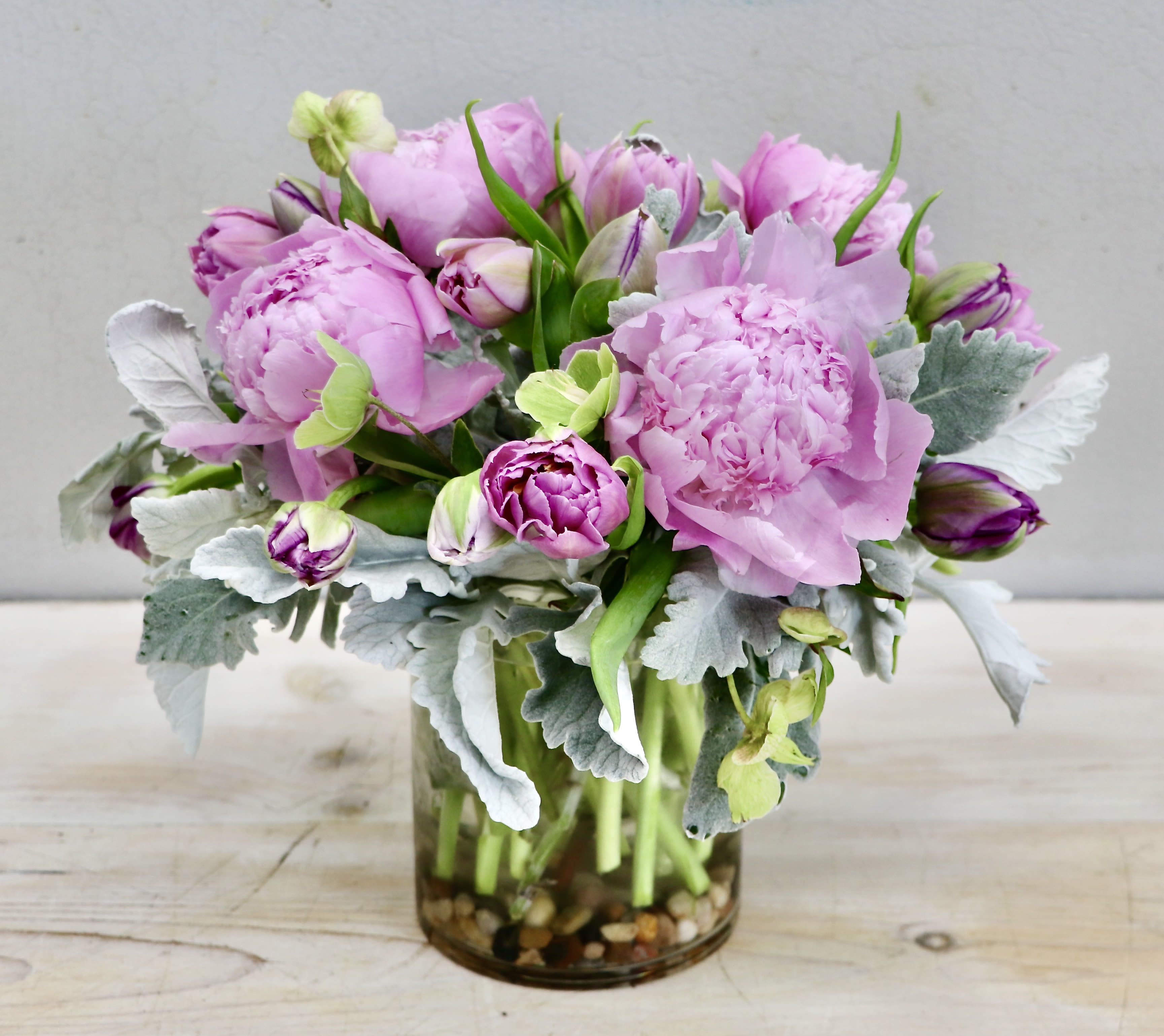 Peony &amp; Tulip - Glendale Flowers - Peonies, tulips, and seasonal greens in our glass vase. 
