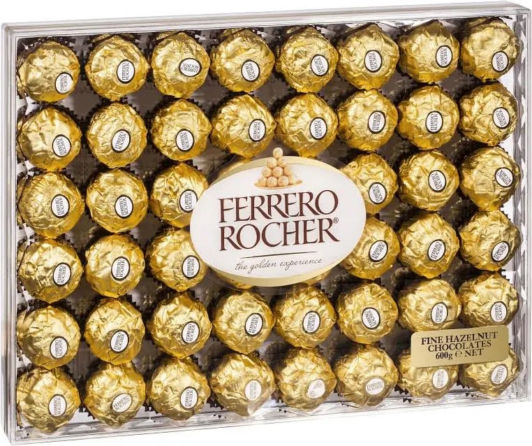 Ferrero Rocher 48ct. - Package Weight: The total weight of this 48-piece box is 600 grams. Ingredient Composition: Each chocolate consists of a milk chocolate shell filled with a creamy hazelnut center.