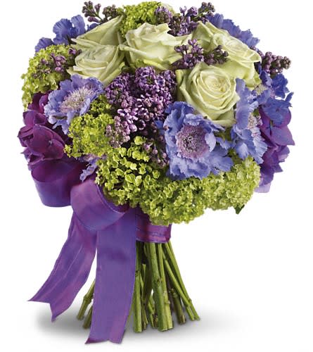 Martha's Vineyard Bouquet - T194-5A - Inspired by the easy elegance of Martha's Vineyard this unique bouquet indulges with green roses fragrant lilacs and lavender hydrangea. Green roses purple hydrangea green viburnum lavender lilacs and scabiosa.Approximately 10 1/2" W x 12 1/2" H Orientation: N/A As Shown : T194-5A