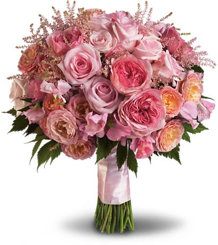 Pink Rose Garden Bouquet - T191-2A - A luxurious mix of light pink rose varieties is accented with fragrant sweet pea and delicate astilbe for a fun feminine effect. A variety of light pink roses share the stage with pink astilbe and pink sweet pea.Approximately 12 1/4" W x 13 1/2" H Orientation: N/A As Shown : T191-2A