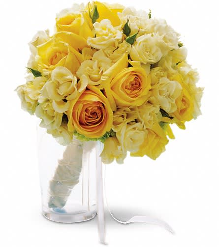 Yellow and white rose bouquet with a white ribbon handle