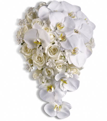 White orchid and rose bouquet with cascading blooms