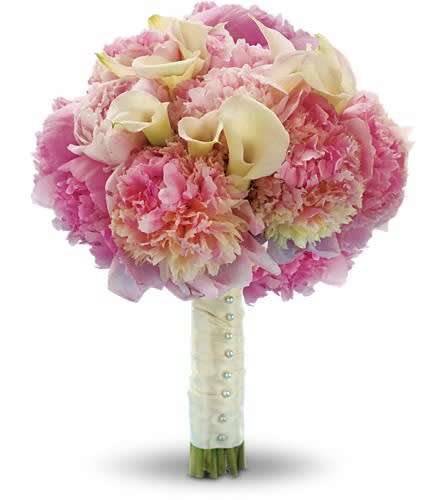 Pink bouquet with cream calla lilies and carnations