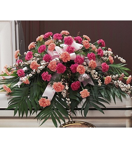 Delicate Pink Casket Spray - TF198-4 - This classic half-couch casket spray with its dark and light pink carnations will leave no doubt about the depth of your feelings. One casket spray arrives decorated with two shades of pink carnations and accented with leptospermum.Approximately 48" W x 36" H Orientation: One-Sided As Shown : TF198-4