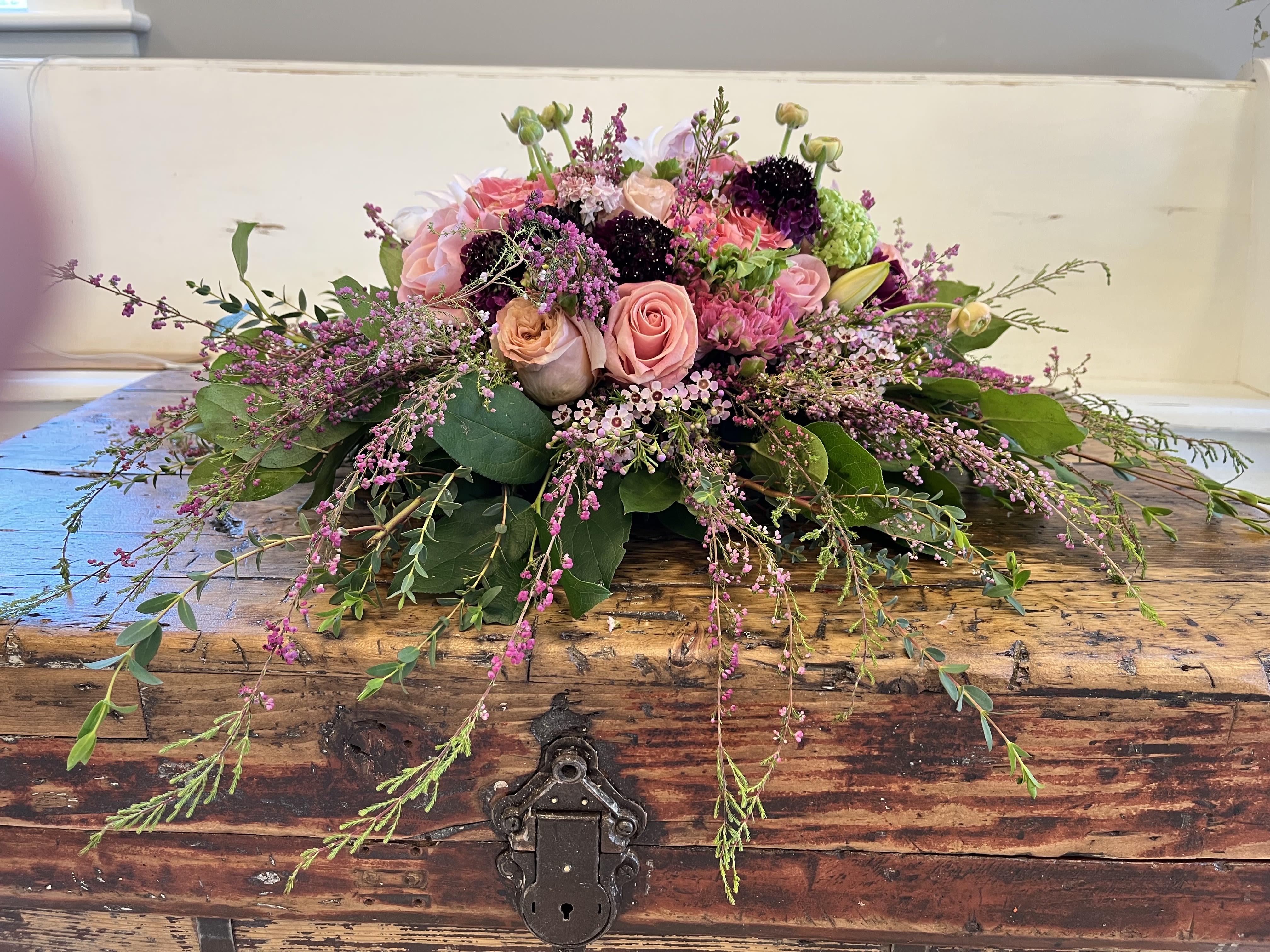 Rememberance -  Funeral spray with roses, scabiosa, waxflower, ranunculus. 