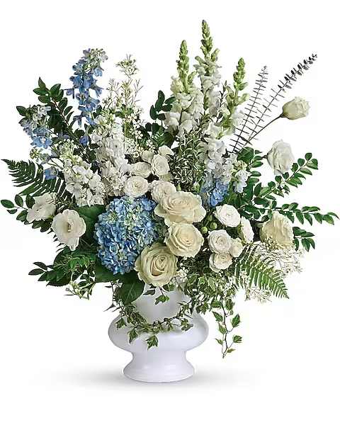 Treasured And Beloved Tribute  - A treasured tribute for your beloved, pure whites, ivory and sky blues to remember the loss of a dearly loved one.   