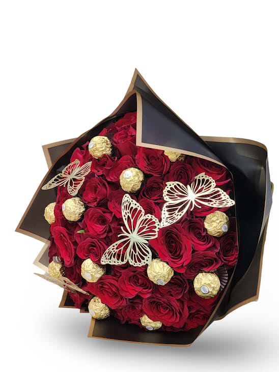 Gilded Luxury - Gilded Luxury – A stunning hand-tied arrangement of 50 medium stem lush red roses, elegantly paired with golden hazelnut chocolates and delicate golden butterflies. Wrapped in sleek black for a bold, modern touch, this bouquet exudes sophistication and indulgence—perfect for making a grand statement.  Chocolates - Ferro Roche chocolates