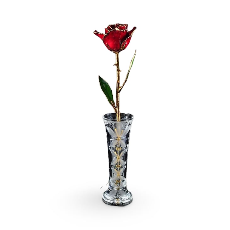 Preserved Burgunday 24KT Gold Rose in Display Vase - A real rose preserved to last and then trimmed with real 24kt gold and presented in a gift box. This unique forever rose includes a glass display vase.