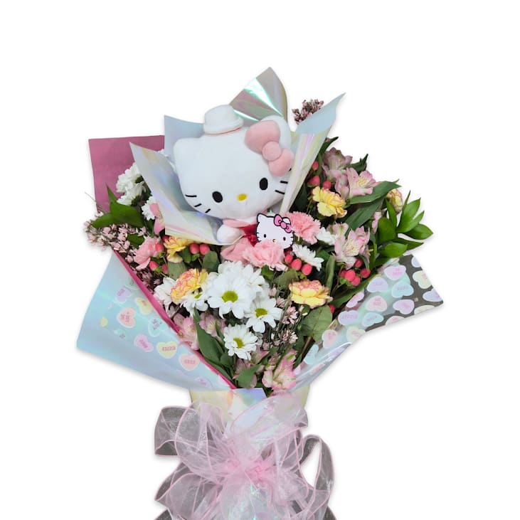 Bouquet with a Hello Kitty plush and pink-and-white flowers