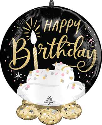 Birthday balloon with cake graphic and gold lettering