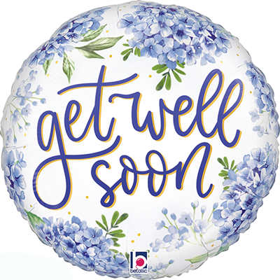 Round balloon with blue flowers and the words "get well soon"