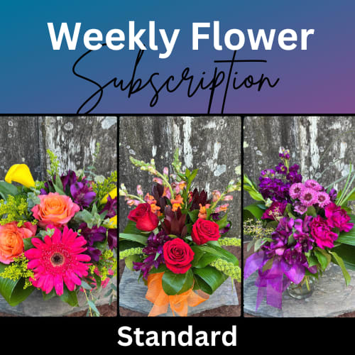 Weekly flower subscription graphic with three colorful bouquet examples