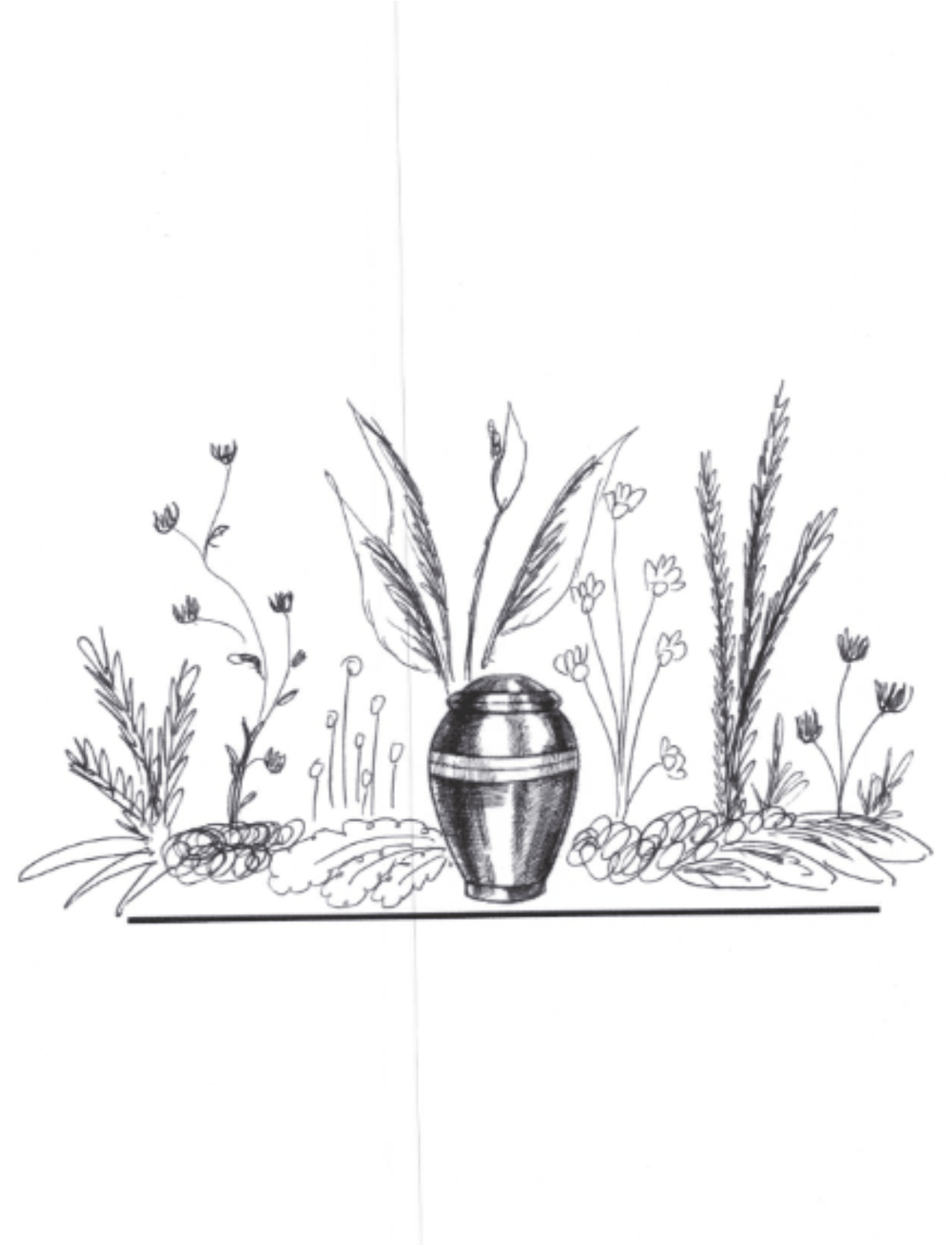 Black-and-white floral sketch with a vase and tall stems