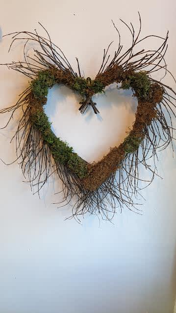 Mossy Heart Wreath 23" - Mossy Heart Wreath 23" Assorted colored moss We can more decorations for a fee. If the total exceeds over $45 it is eligible for delivery