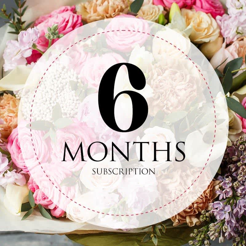 Mixed pink and cream flower bouquet with a "6 Months Subscription" label