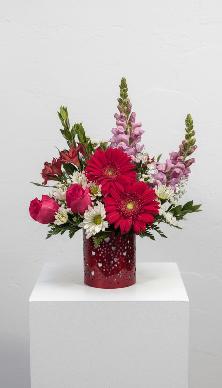 Hearts and Kisses - Bright red gerbera daisies and soft pink roses create an immediate burst of romance in this flower arrangement, perfect as a Valentine's Day bouquet, anniversary surprise, or a "just because" gift to make someone feel loved. The combination of red, pink, white and touches of purple reads playful and affectionate-the kind of arrangement that says "you're special" with both color and heart. All Around 17Hx13W