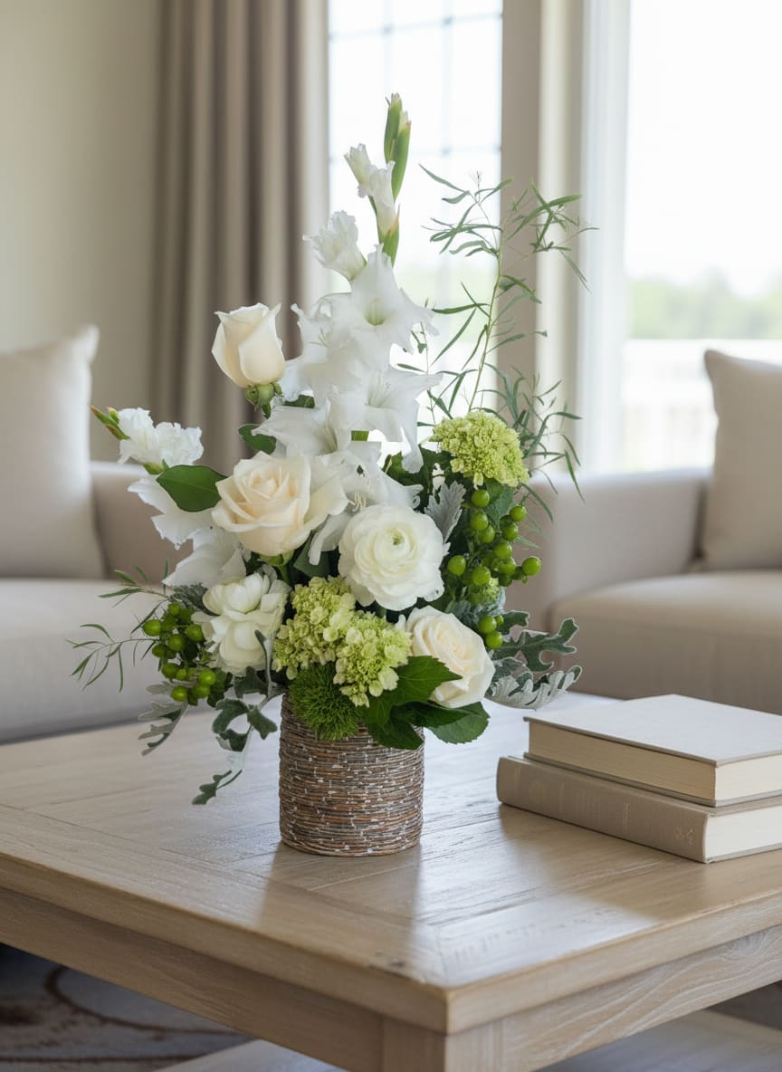 White roses and lilies arranged in a woven vase on a table
