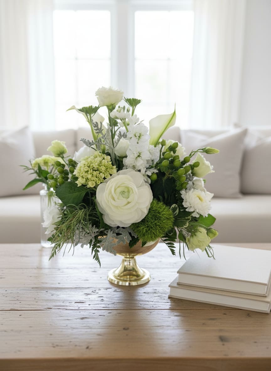 White and green floral arrangement in a gold pedestal vase