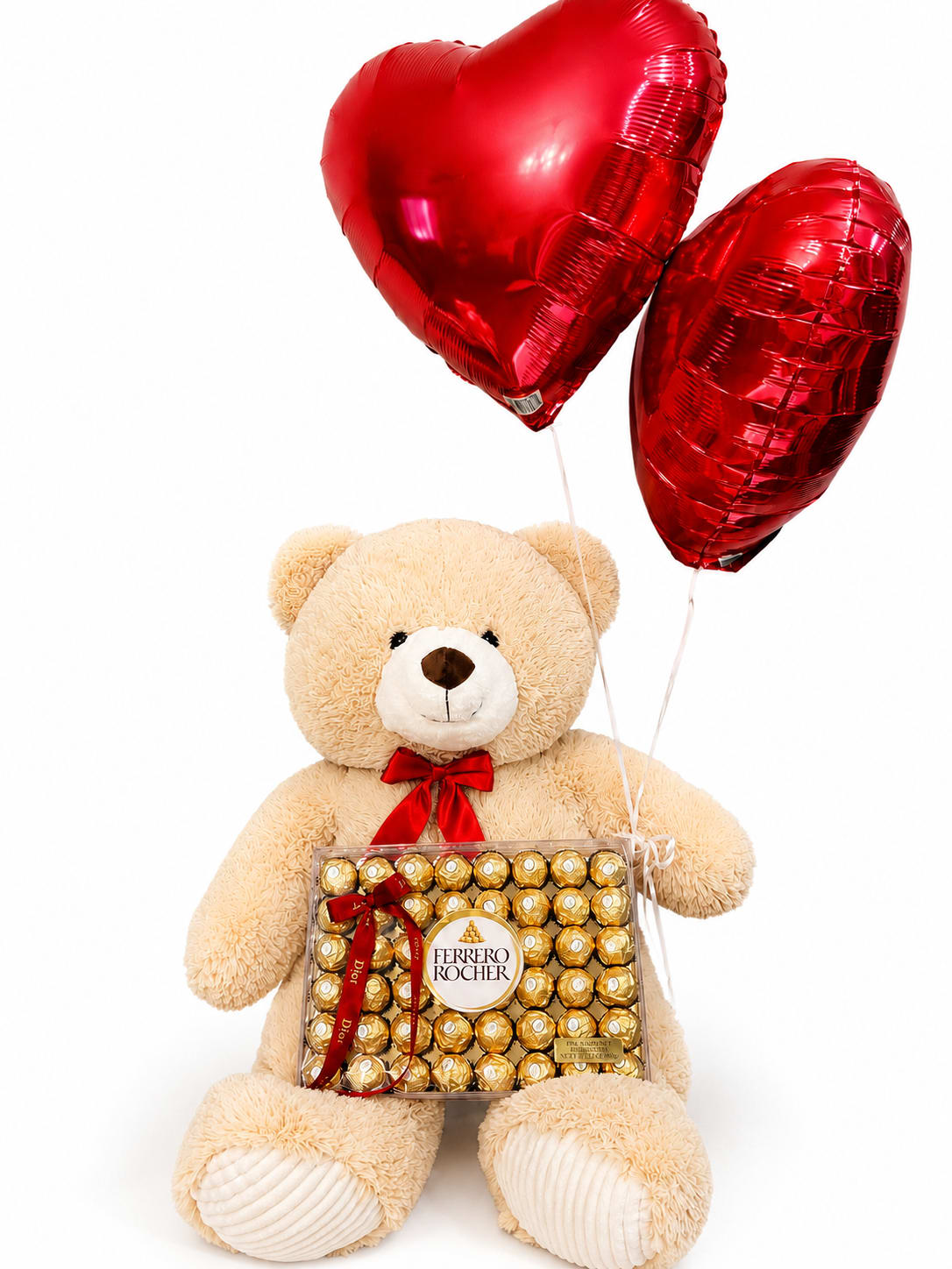 Giant Teddy Bear with Ferrero Rocher - Sorprende a sea persona especial con este hermoso y elegante regalo q incluye un oso de peluche gigante, una caja premium de chocolates Ferrero y 2 globos metalicos en forma de corazon color Rojo.