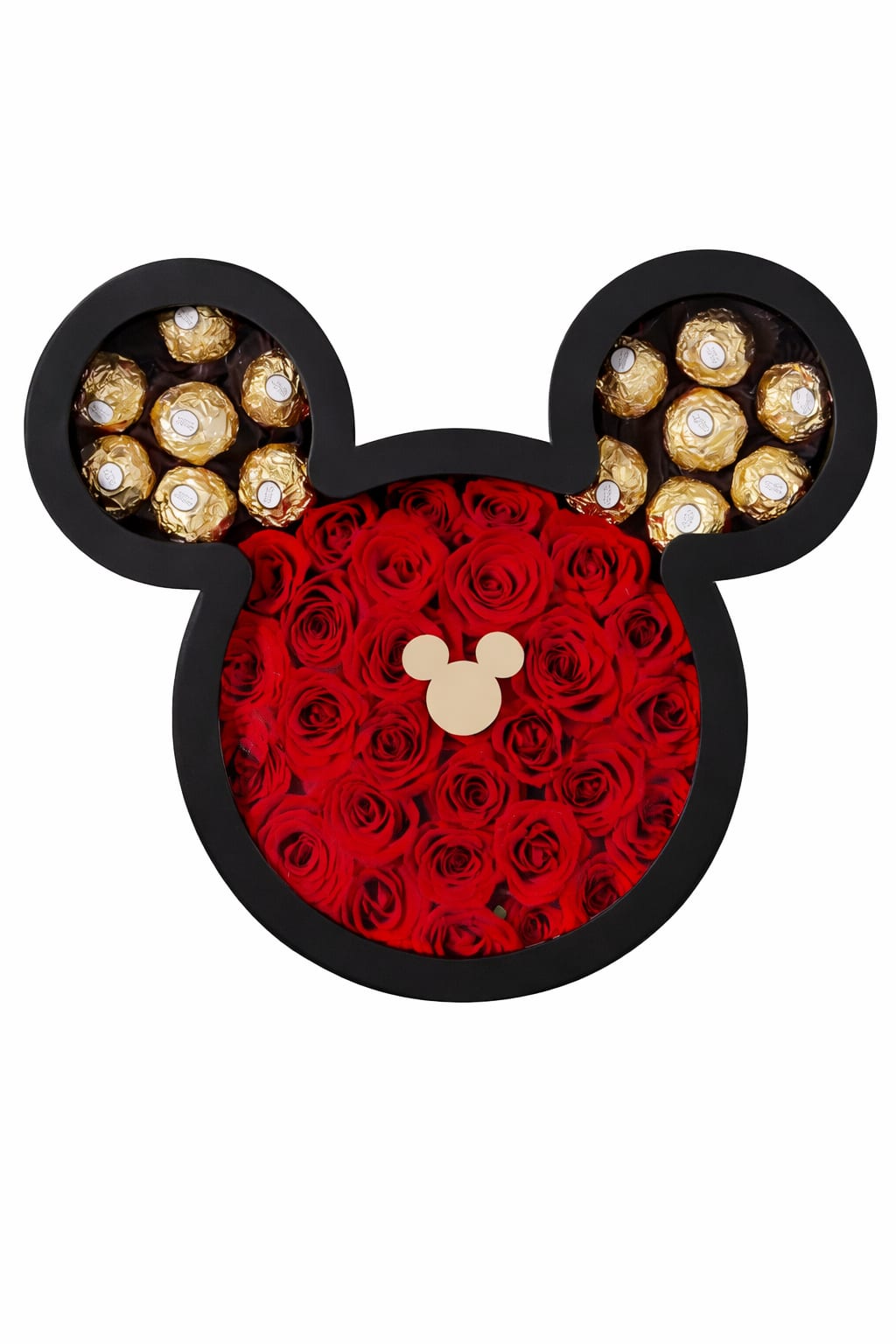 Queen Luxury Box - Sorprende con este elegante y exclusivo arreglo en forma de silueta iconica de Minnie Mouse, diseñado para robar corazones, incluye rosas y chocolates.