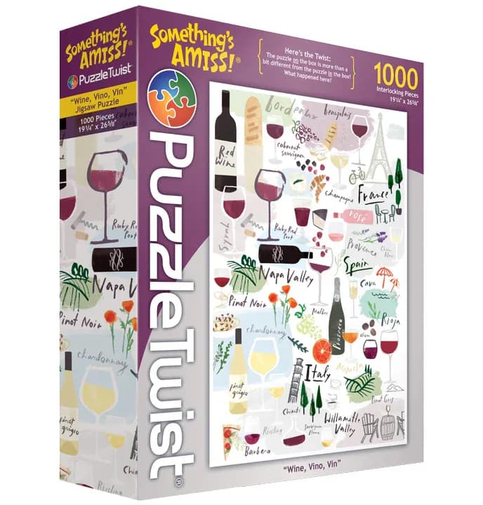 Puzzle box with wine glasses, bottles, and travel-themed illustrations