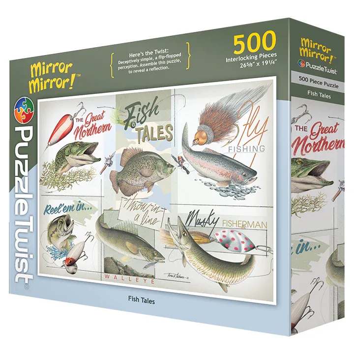 Boxed 500-piece fish-themed puzzle with illustrated fish and fishing lures