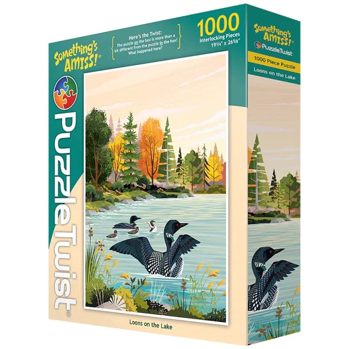Box for a 1000-piece puzzle showing loons on a lake