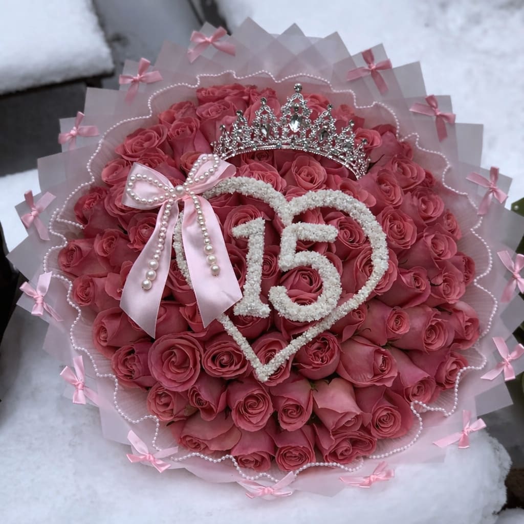 Sweet 15 Princess  - Delicado y elegante arreglo para celebrar unos 15 inolvidables .Este hermoso bouquet en forma redonda incluye un corazon decorativo con el numero 15 ,Una corona brillante estilo Princess y un lazo con Perla’s q le da un toque sofisticado y unico.